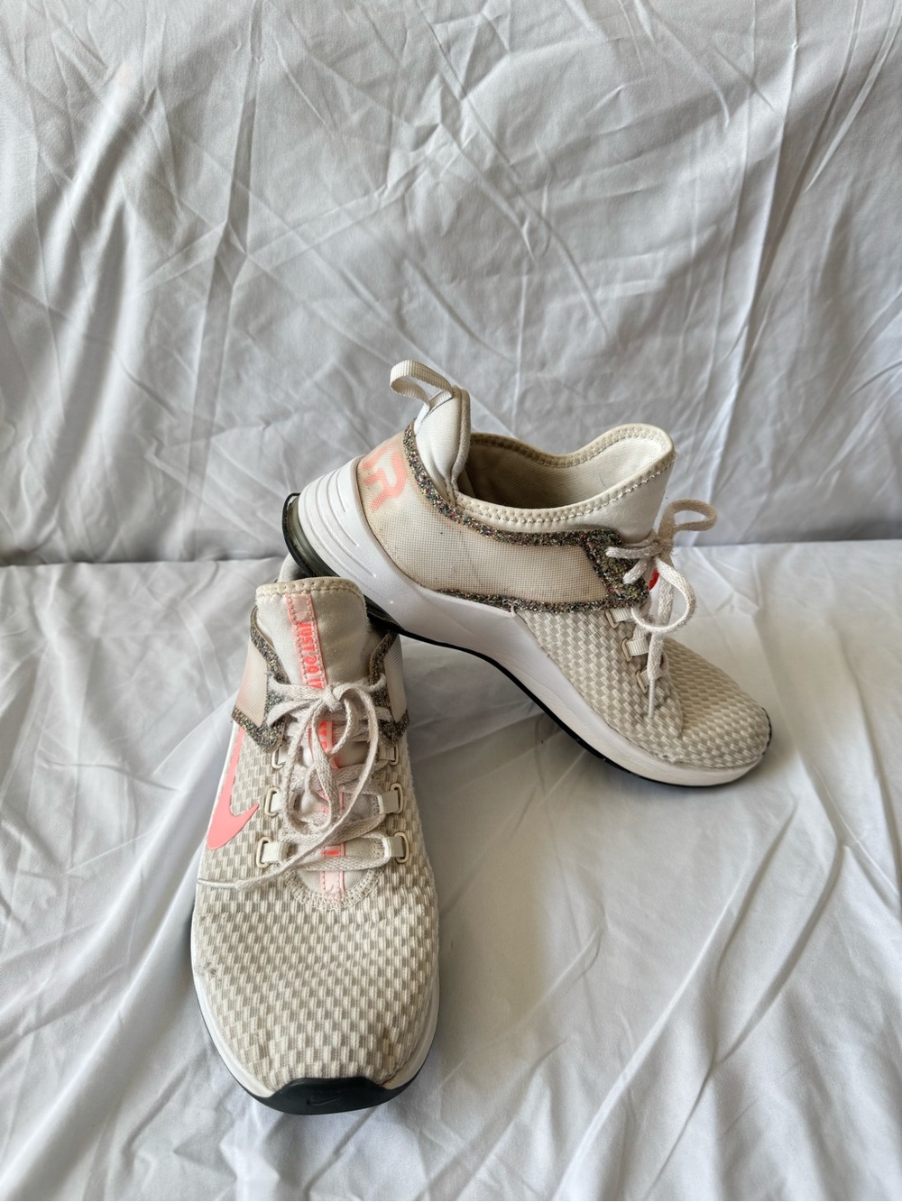 Nike Cream Knit Sneakers with Pink Swoosh